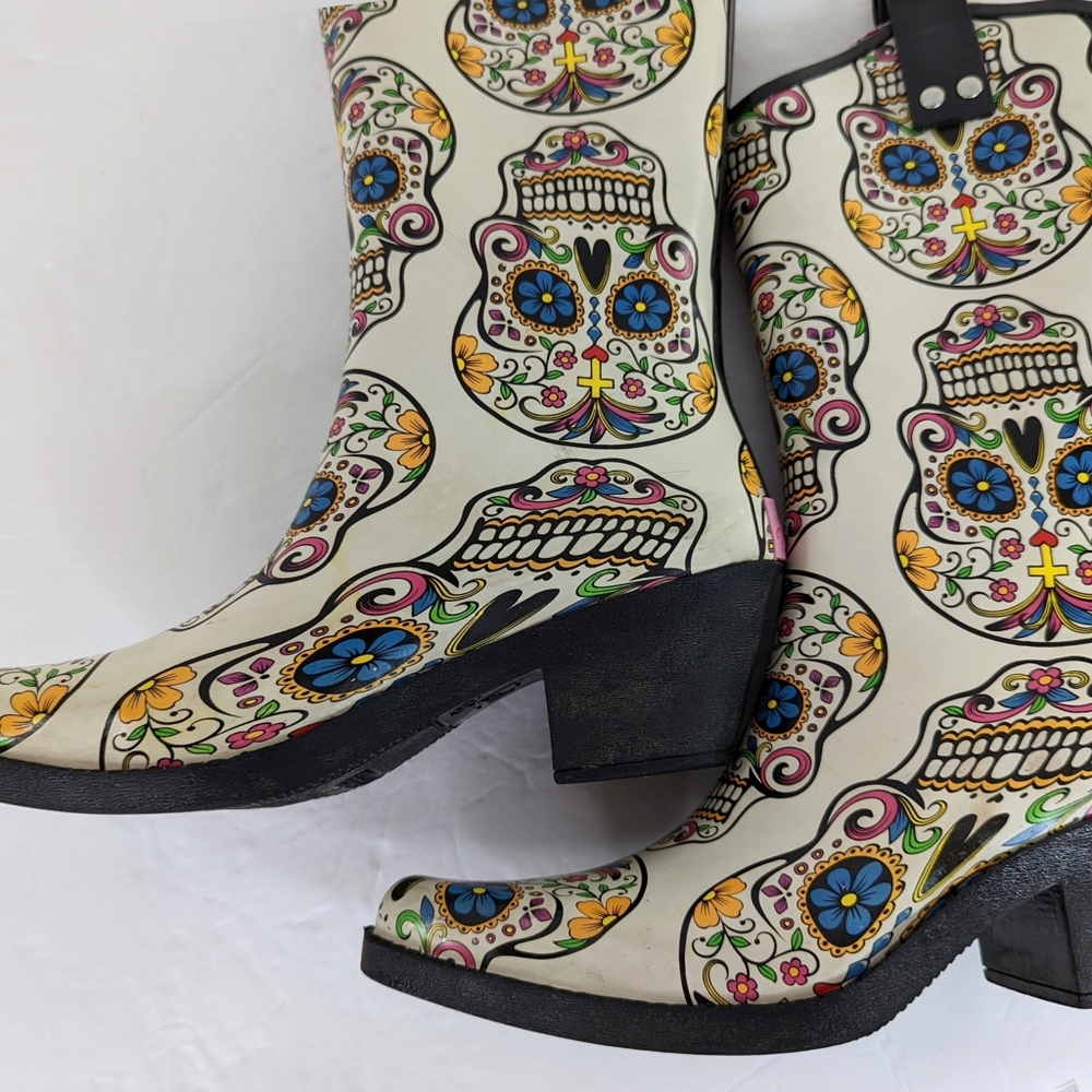 SOLD Rain Boots Sugar Skull Dia de Meurtos 6 Western Boot Style Cowgirl - Picture 10 of 15